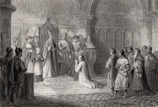 Cesarz Henryk IV klęczy przed Papieżem św. Grzegorzem VII.