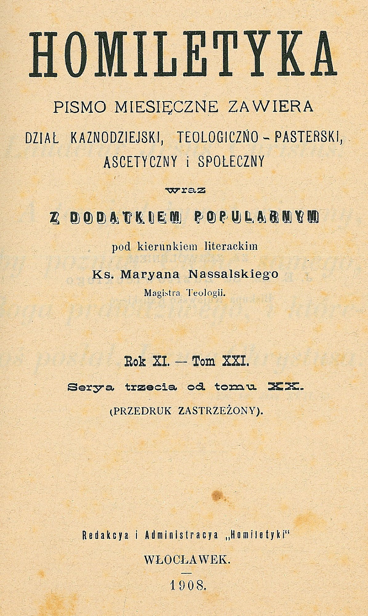 "Homiletyka", Rok XI, Tom XXI, Wocawek 1908 r.