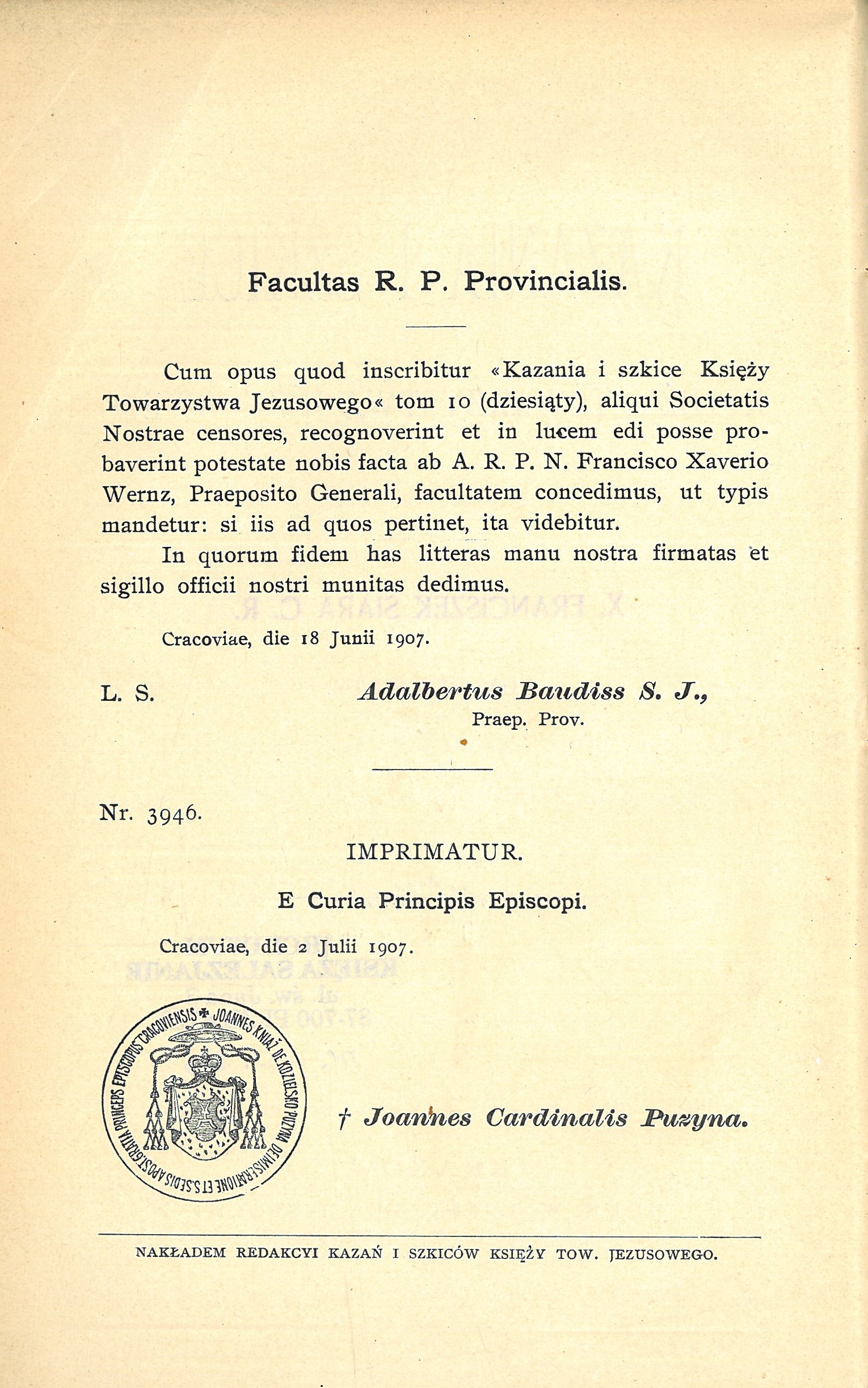 Kazania i szkice Ksiy Towarzystwa Jezusowego. Tom dziesity. Kraków 1906. Imprimatur.