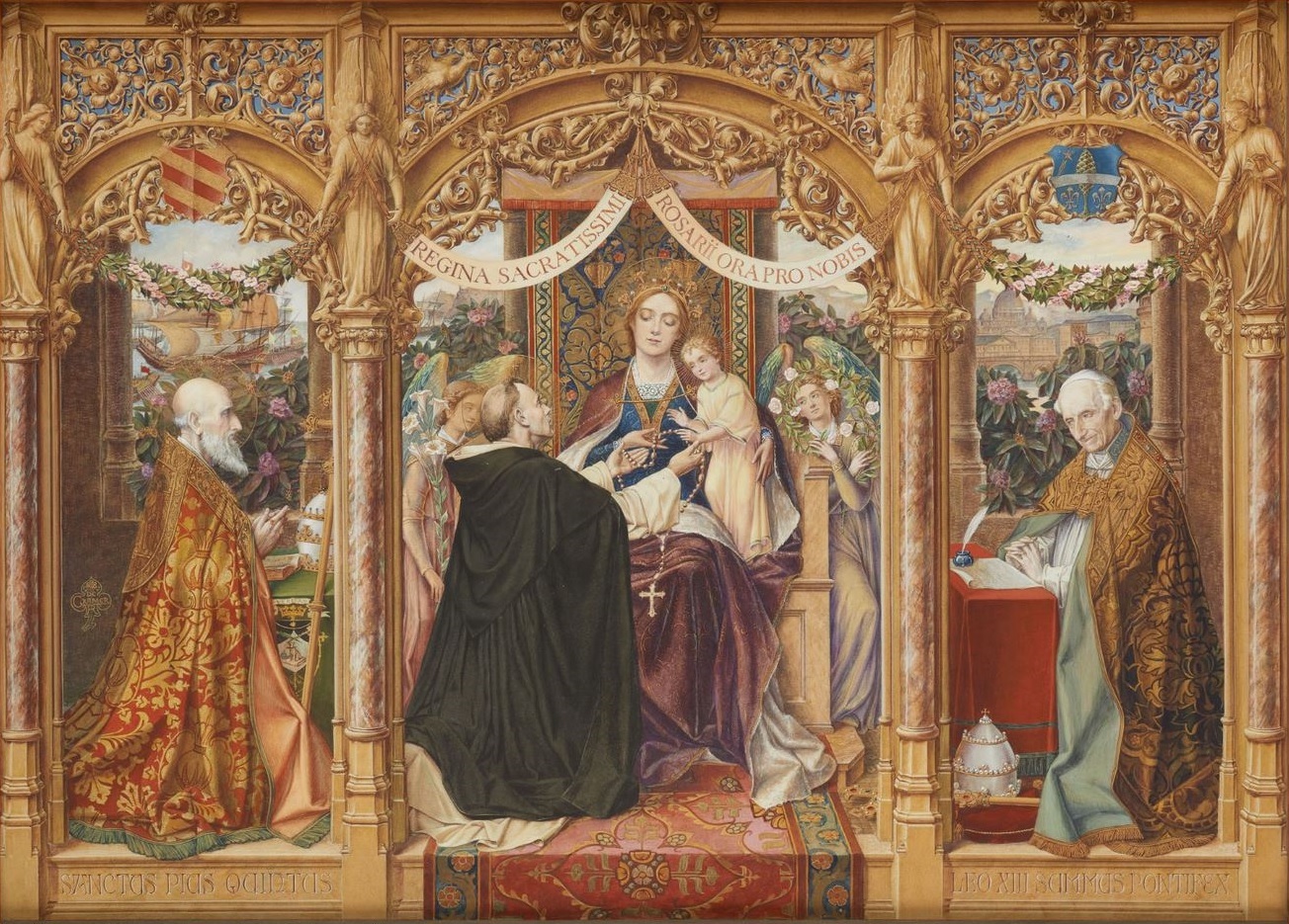 Najwitsza Maryja Panna daje róaniec w. Dominikowi. Papie w. Pius V. Papie Leon XIII.