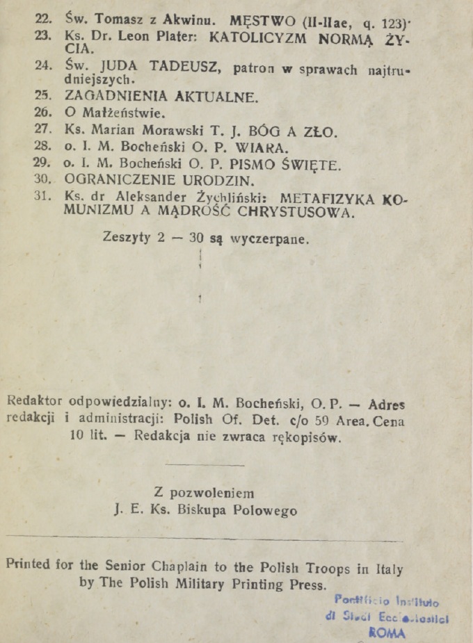 Ks. Dr Aleksander ychliski, Metafizyka komunizmu a mdro Chrystusowa. "Nauka Chrystusowa", 31, Rok V, z. 3. Italia, IX, 1944, str. 22. (Przedruk z drugiego wydania, Pozna 1937).