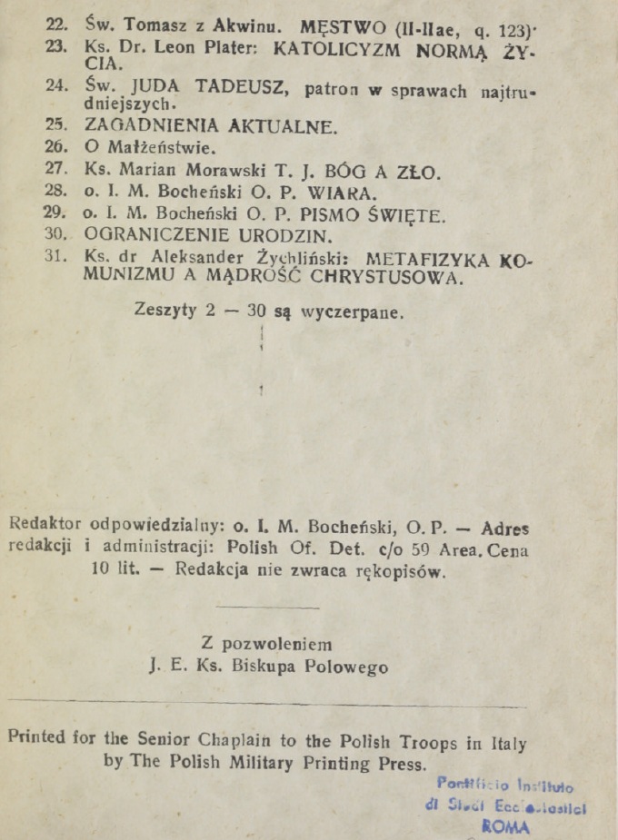 Ks. Dr Aleksander ychliski, Metafizyka komunizmu a mdro Chrystusowa. "Nauka Chrystusowa", 31, Rok V, z. 3. Italia, IX, 1944, str. 22. (Przedruk z drugiego wydania, Pozna 1937).