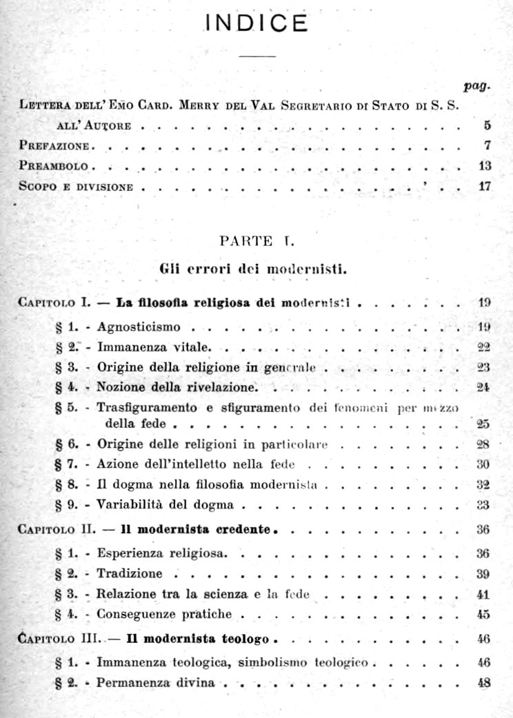 P. Giovanni Battista Lemius Oblato di Maria Immacolata, Catechismo sul modernismo secondo l'Enciclica "Pascendi Dominici gregis" di Sua Santità Pio X. Traduzione dal francese del P. Giuseppe Ioppolo della medesima Congregazione. Roma. Tipografia Vaticana. 1908. Indice.