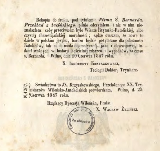 Pisma witego Bernarda. Przekad z aciskiego. Wilno. Nakad i druk T. Glücksberga Ksigarza i Typografa Biaoruskiego Naukowego Okrgu. 1849. Imprimatur.