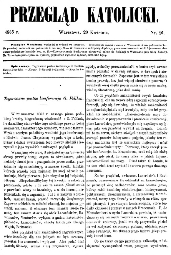 "Przegld Katolicki", 1865 r. Warszawa, 20 kwietnia. Nr 16.