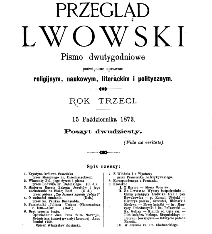 "Przegląd Lwowski". Rok trzeci. 1873. Poszyt dwudziesty.