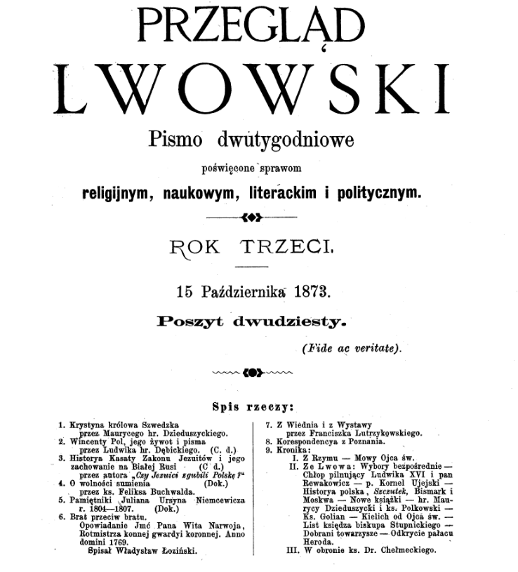 "Przegld Lwowski". Rok trzeci. 1873. Poszyt dwudziesty.