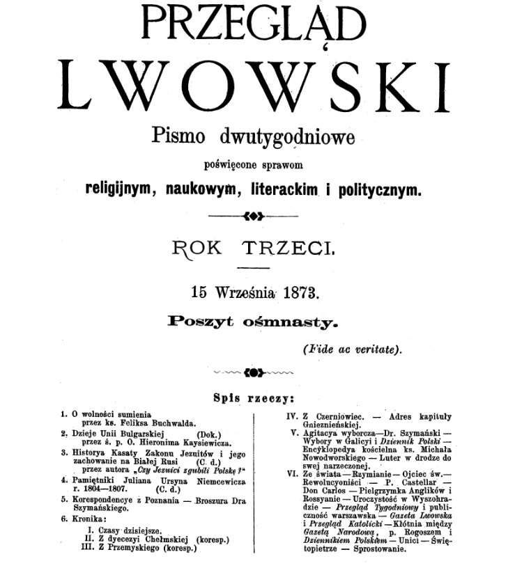 "Przegld Lwowski". Rok trzeci. 1873. Poszyt osiemnasty.