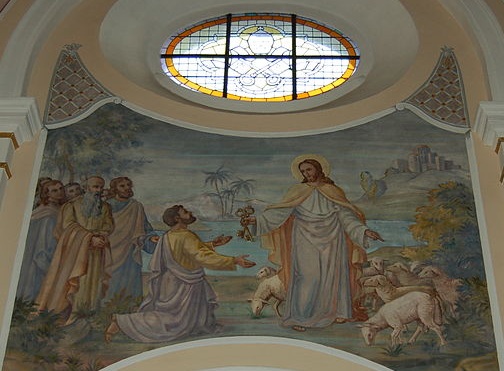 Przekazanie kluczy w. Piotrowi - fresk w kociele Podwyszenia Krzya witego w Rumi.