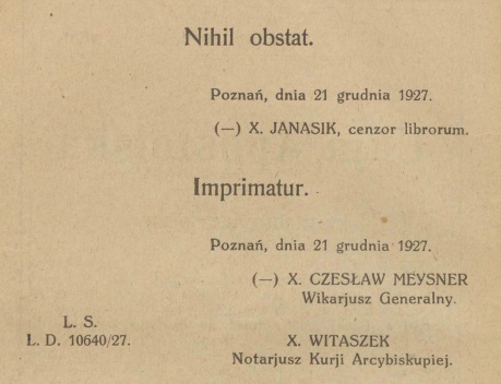 "Unia Apostolska". Kwartalnik ascetyczny Stowarzyszenia kapanów wieckich od Najwitszego Serca Jezusowego Unii Apostolskiej w Polsce. Rok 2. Stycze 1928. Nr 1. Nakadem Unii Apostolskiej w Polsce. Czcionkami Drukarni Spókowej w Kocianie (Woj. Poznaskie). Za redakcj odpowiedzialny ks. Józef Marciniak, asystent gen. Un. Ap. Na Polsk, Czacz, pow. migielski (Woj. Pozn.). Imprimatur.