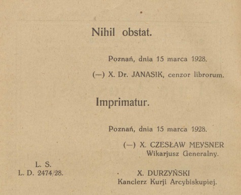 "Unia Apostolska". Kwartalnik ascetyczny Stowarzyszenia kapanów wieckich od Najwitszego Serca Jezusowego Unii Apostolskiej w Polsce. Rok 2. Kwiecie 1928. Nr 2. Nakadem Unii Apostolskiej w Polsce. Czcionkami Drukarni Spókowej w Kocianie (Woj. Poznaskie). Za redakcj odpowiedzialny ks. Józef Marciniak, asystent gen. Un. Ap. na Polsk, Czacz, pow. migielski (Woj. Pozn.). Imprimatur.