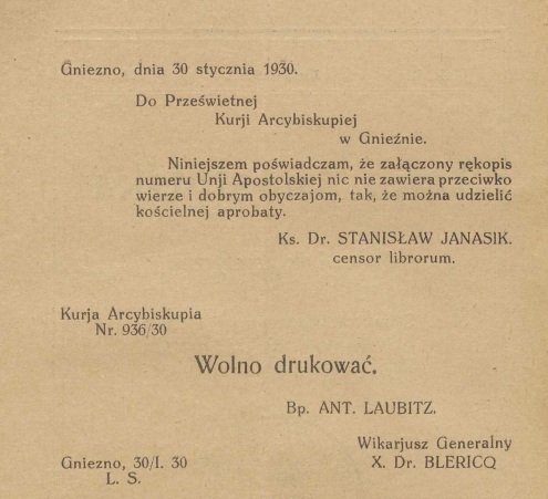 Artyku z czasopisma: "Unia Apostolska". Kwartalnik ascetyczny Stowarzyszenia kapanów wieckich od Najwitszego Serca Jezusowego Unii Apostolskiej w Polsce. Rok 4. Luty 1930. Nr 1. Nakadem Unii Apostolskiej w Polsce. Czcionkami Drukarni Spókowej w Kocianie (Woj. Poznaskie). Za redakcj odpowiedzialny ks. Józef Marciniak, asystent gen. Un. Ap. na Polsk, Czacz, pow. migielski (Woj. Pozn.). Imprimatur.