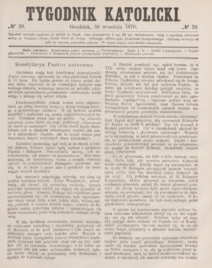 "Tygodnik Katolicki", Grodzisk, 30 wrzenia 1870. Nr 39.