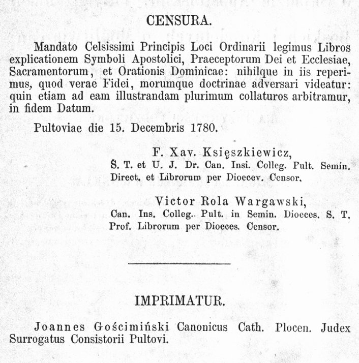 Nauki Katechizmowe o Skadzie Apostolskim, Przykazaniach Boskich i Kocielnych, o Modlitwie Paskiej i Sakramentach, na trzy czci podzielone, przez X. Michaa Ignacego Wicherta, witej teologii Doktora, plebana Obrytskiego, dyrektora rekolekcji i misji w diecezji Pockiej mówione i do druku podane, a teraz za staraniem X. J. Stagraczyskiego na nowo wydrukowane. Pelplin 1874.
