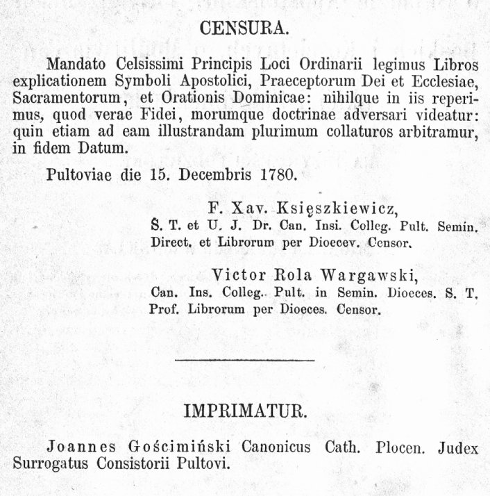 Nauki Katechizmowe o Skadzie Apostolskim, Przykazaniach Boskich i Kocielnych, o Modlitwie Paskiej i Sakramentach, na trzy czci podzielone, przez X. Michaa Ignacego Wicherta, witej teologii Doktora, plebana Obrytskiego, dyrektora rekolekcji i misji w diecezji Pockiej mówione i do druku podane, a teraz za staraniem X. J. Stagraczyskiego na nowo wydrukowane. Pelplin 1874.