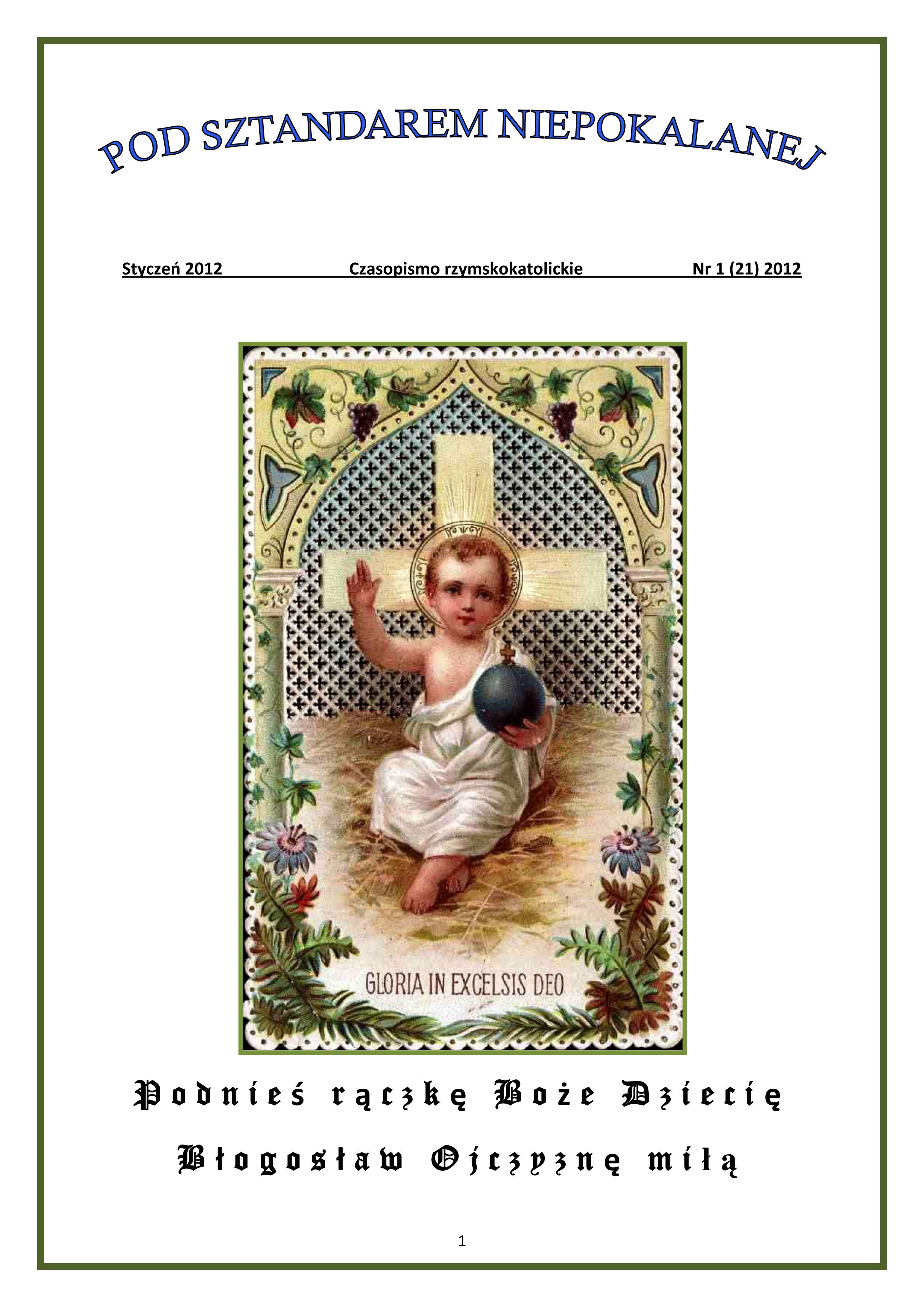 "Pod Sztandarem Niepokalanej". Nr 21. Stycze 2012. Czasopismo rzymskokatolickie.