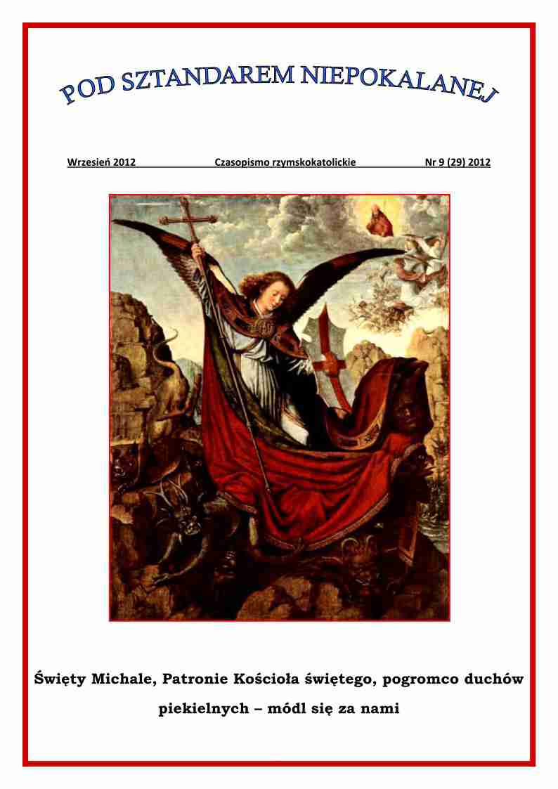 "Pod Sztandarem Niepokalanej". Nr 29. Wrzesie 2012. Czasopismo rzymskokatolickie.