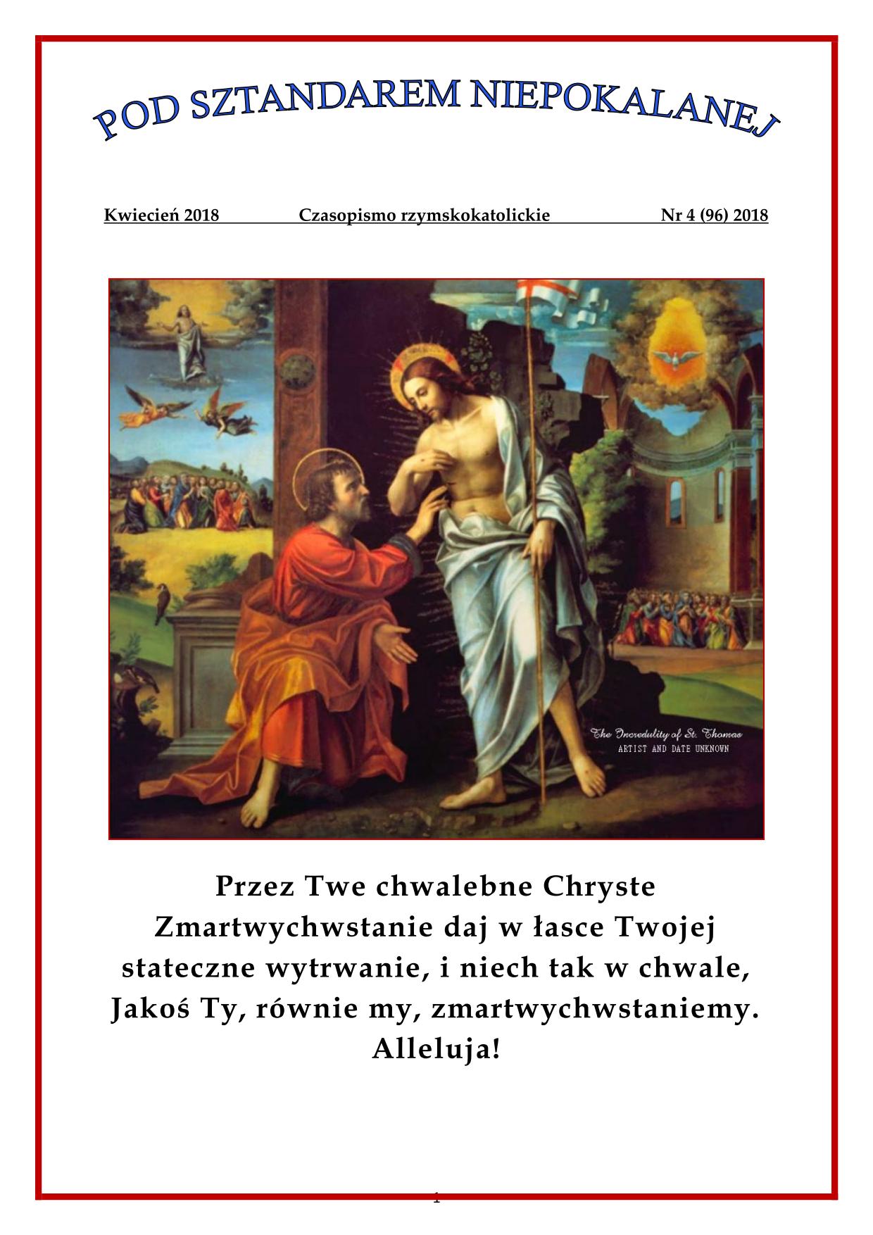 "Pod sztandarem Niepokalanej". Nr 96. Kwiecie 2018. Czasopismo rzymskokatolickie.