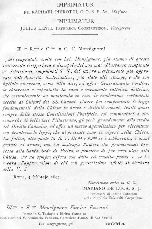 D. H. M. Pezzani, Codex Sanctae Catholicae Romanae Ecclesiae cum notis