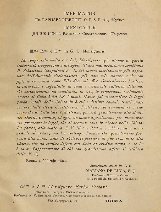 D. Henrici Mariae Pezzani Codex Sanctae Catholicae Romanae Ecclesiae cum notis, Romae - Mediolani MDCCCXCIII (1893). Imprimatur.